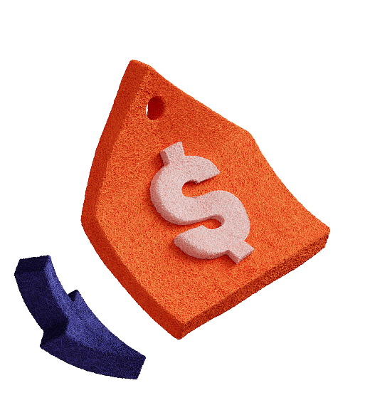 Orange price tag with a white dollar sign and a downward-pointing dark blue arrow