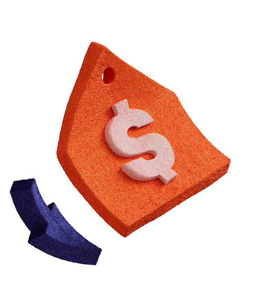 Orange price tag with a white dollar sign and a downward-pointing dark blue arrow